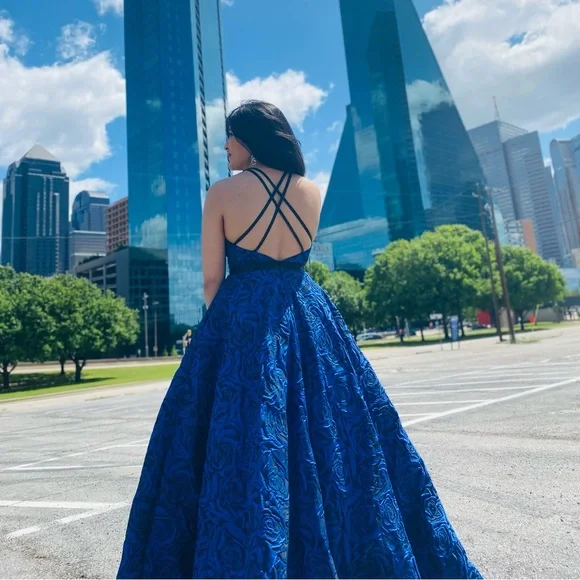 blue rose prom dress A line Sexy Strapless Sleeveless Pink Slit Flowers Prom Dress Sky Blue / 16